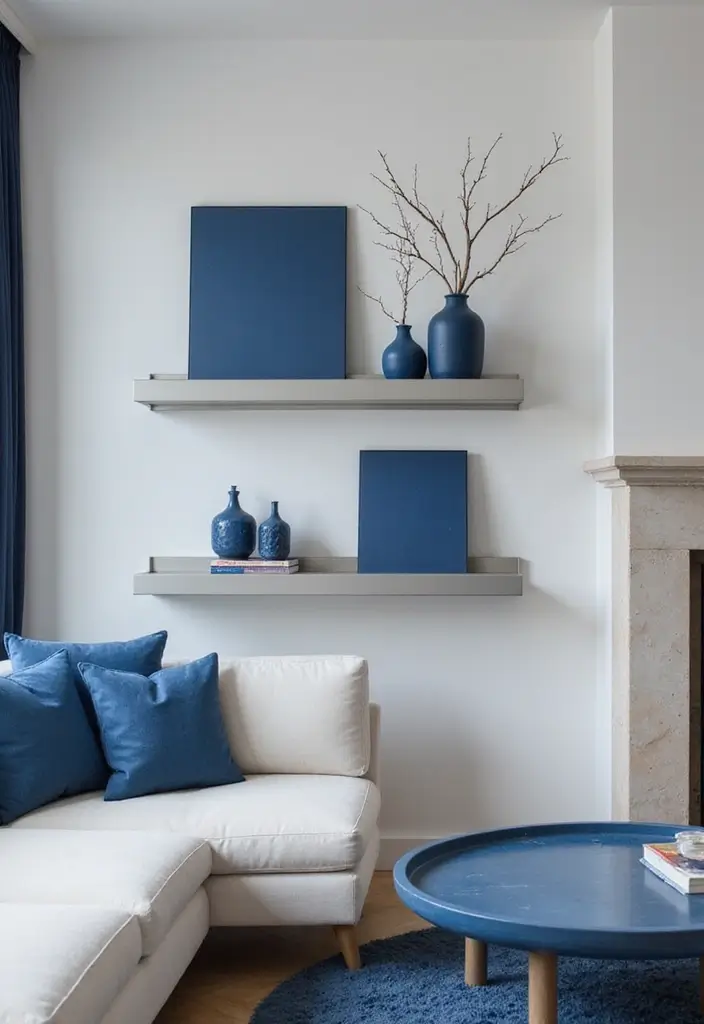 29 Blue and Silver Living Room Ideas That Feel Elegant and Cool - 17. Contemporary Silver Shelves