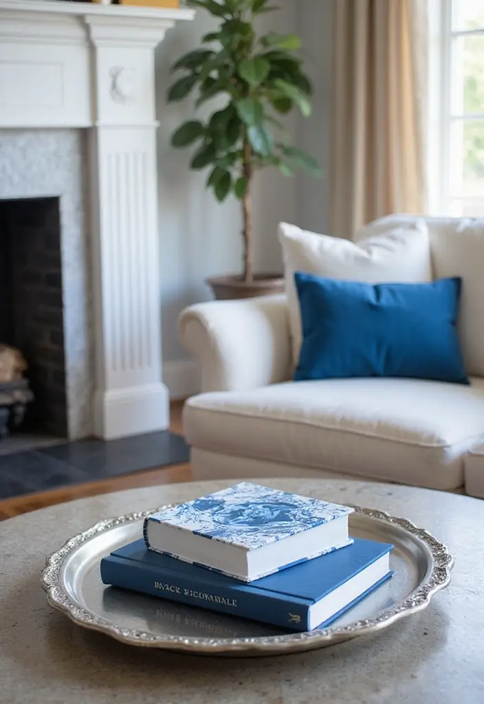 29 Blue and Silver Living Room Ideas That Feel Elegant and Cool - 21. Blue-Themed Coffee Table Books