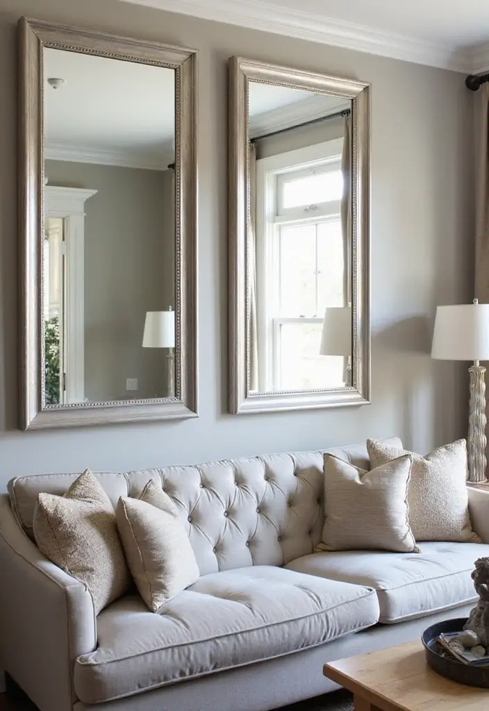 29 Blue and Silver Living Room Ideas That Feel Elegant and Cool - 22. Stylish Decorative Mirrors