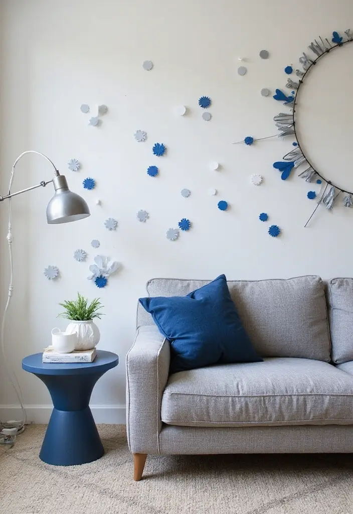 29 Blue and Silver Living Room Ideas That Feel Elegant and Cool - 23. Blue and Silver Wall Decals