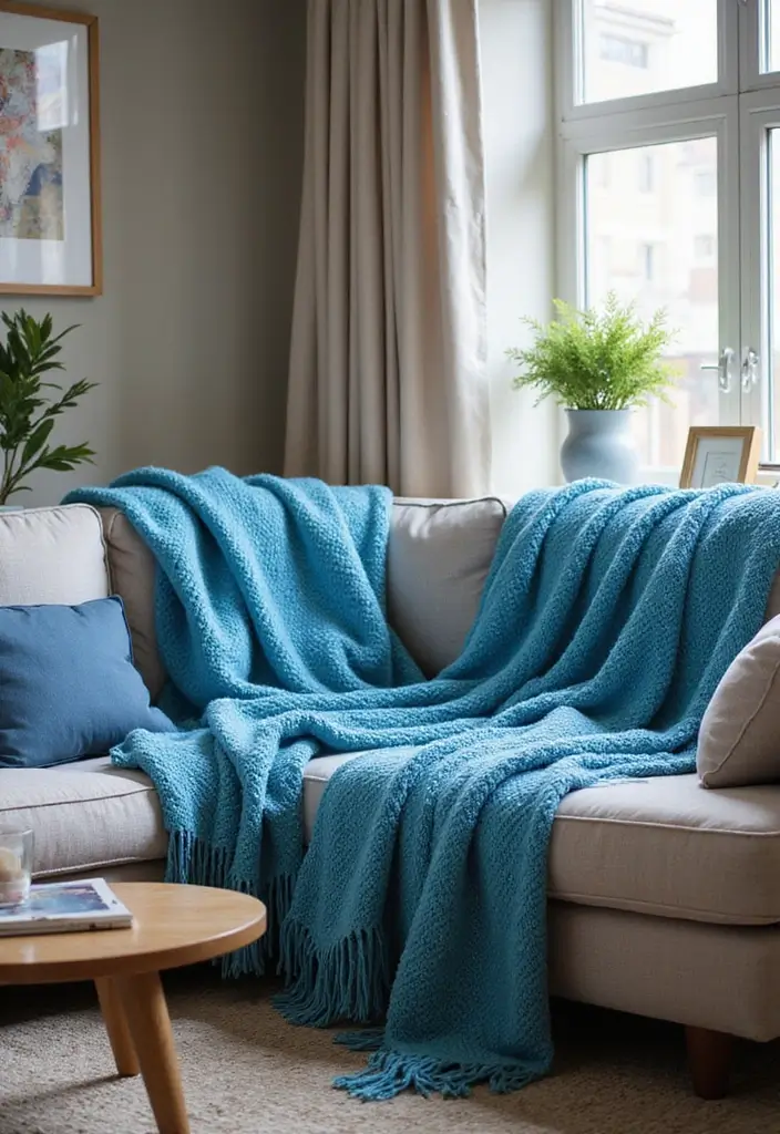 29 Blue and Silver Living Room Ideas That Feel Elegant and Cool - 24. Blue Colorful Throws