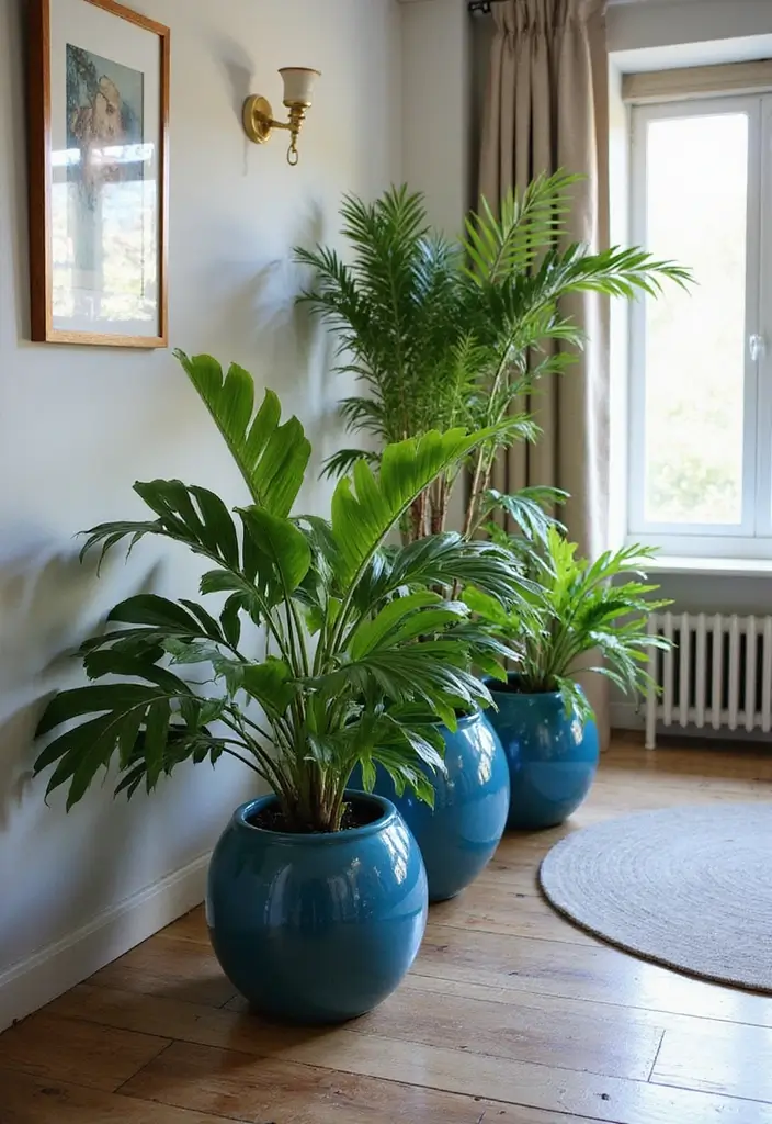 29 Blue and Silver Living Room Ideas That Feel Elegant and Cool - 25. Stylish Blue Planters