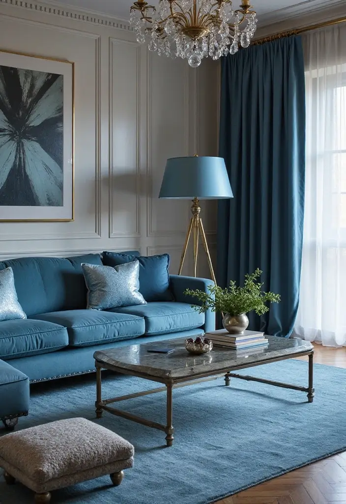 29 Blue and Silver Living Room Ideas That Feel Elegant and Cool - 26. Metallic Blue Accents