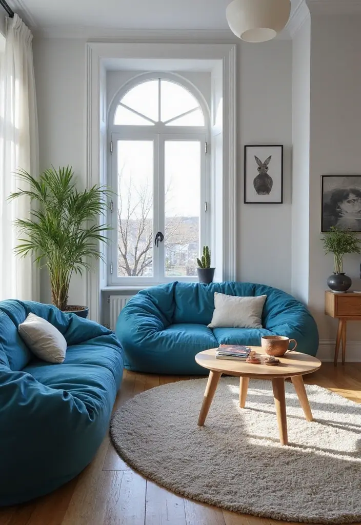 29 Blue and Silver Living Room Ideas That Feel Elegant and Cool - 27. Cozy Blue Bean Bags