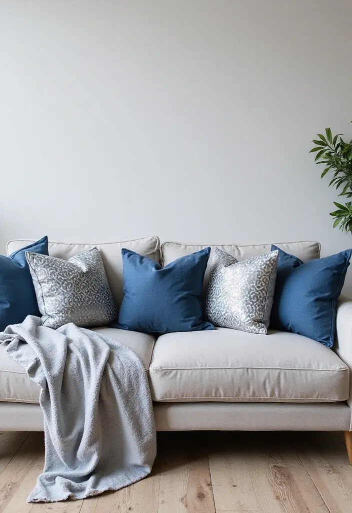 29 Blue and Silver Living Room Ideas That Feel Elegant and Cool - 3. Cool Color Schemes with Accent Pillows