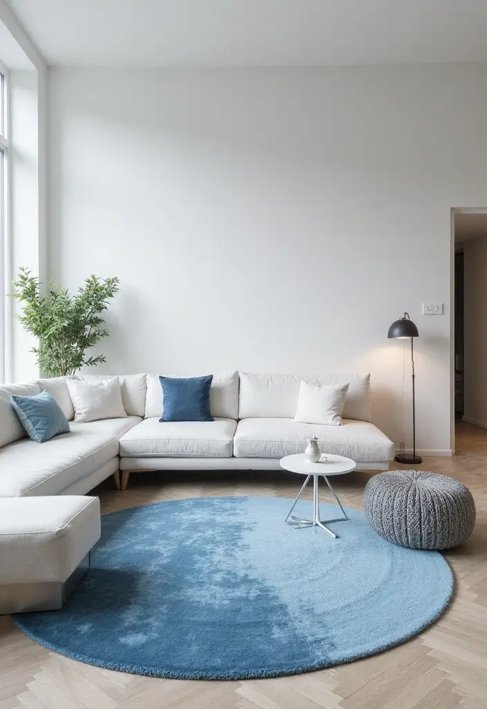 29 Blue and Silver Living Room Ideas That Feel Elegant and Cool - 4. Minimalist Blue Rugs