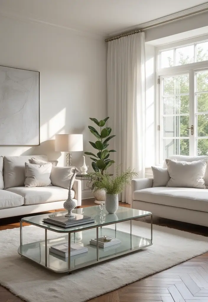 29 Blue and Silver Living Room Ideas That Feel Elegant and Cool - 6. Glass and Silver Accents