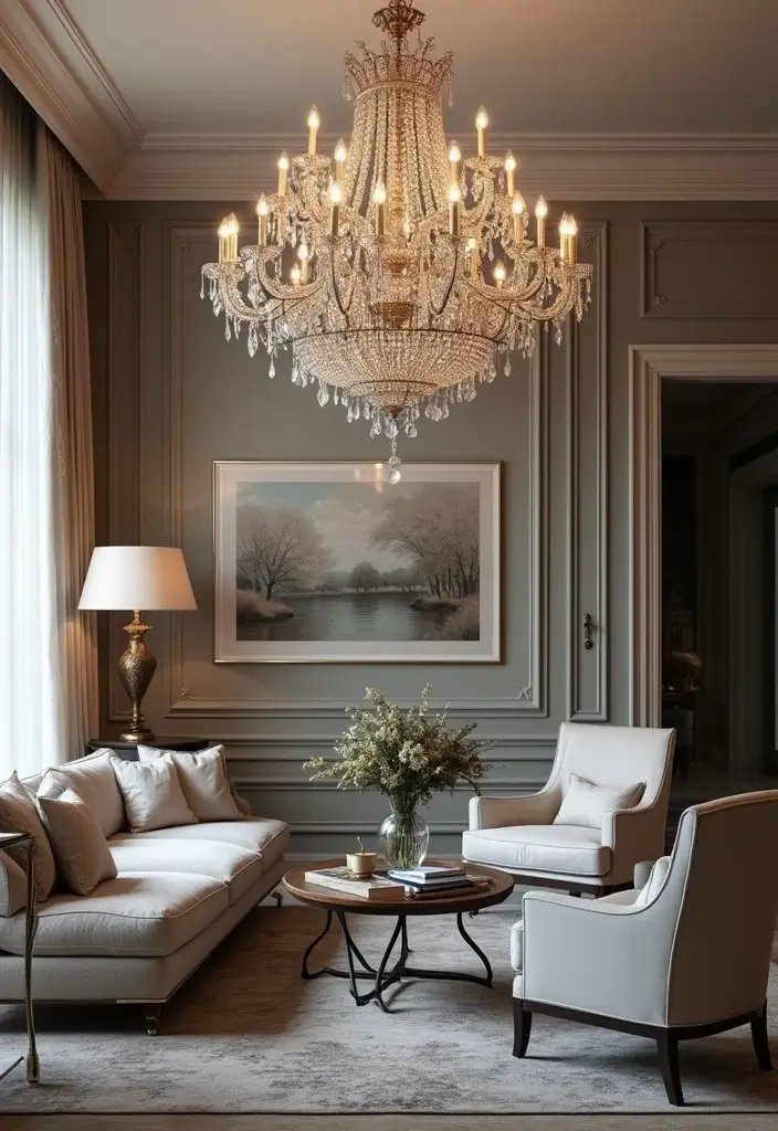 29 Blue and Silver Living Room Ideas That Feel Elegant and Cool - 7. Statement Silver Chandeliers