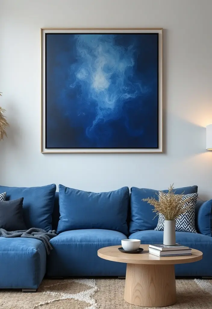 29 Blue and Silver Living Room Ideas That Feel Elegant and Cool - 8. Blue Accented Wall Art