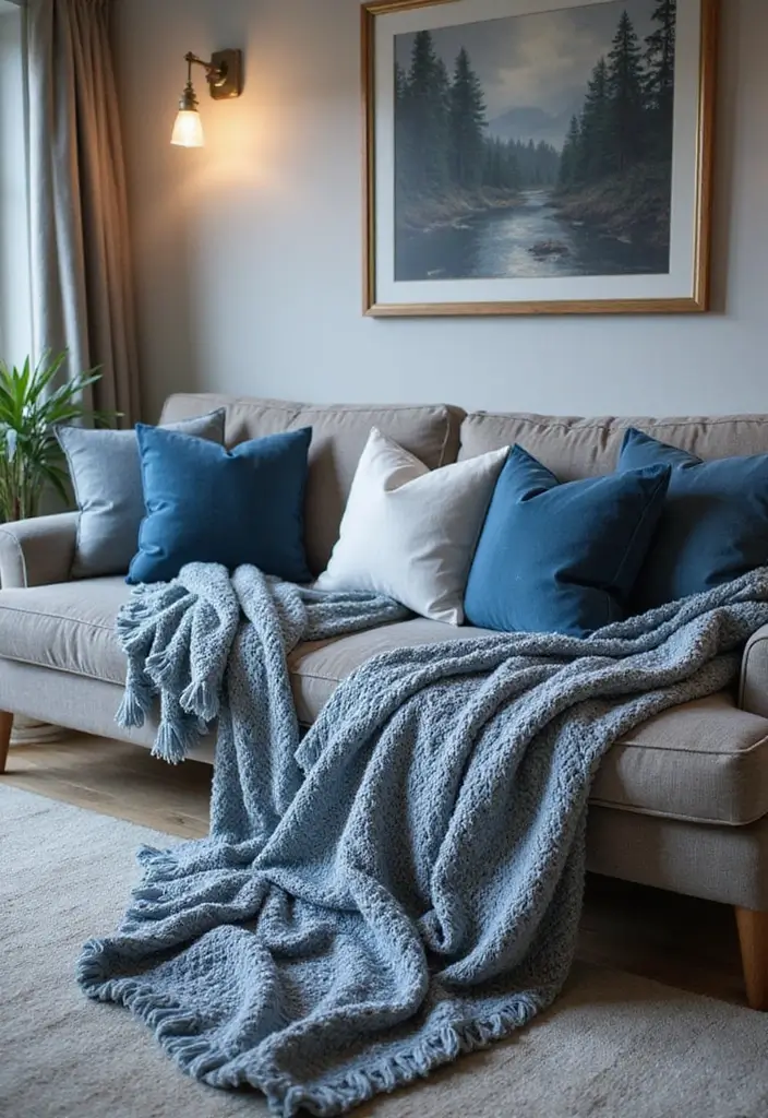 29 Blue and Silver Living Room Ideas That Feel Elegant and Cool - 9. Layered Textures with Throws
