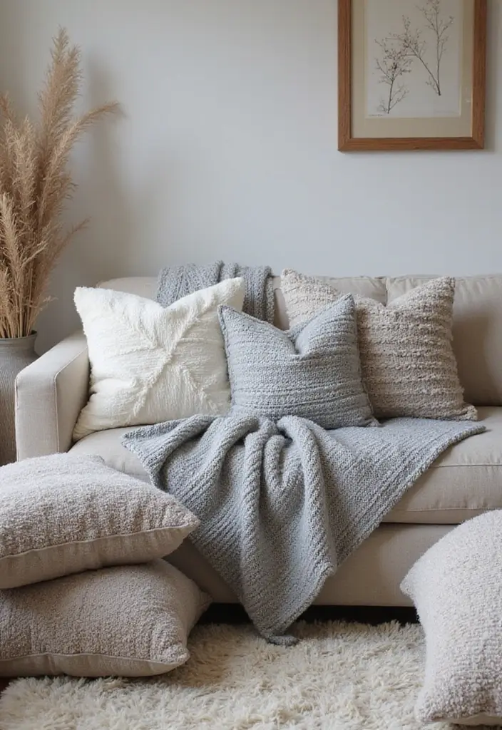 29 Grey Boho Living Room Ideas That Feel Calm and Eclectic - 1. Soft Grey Textiles