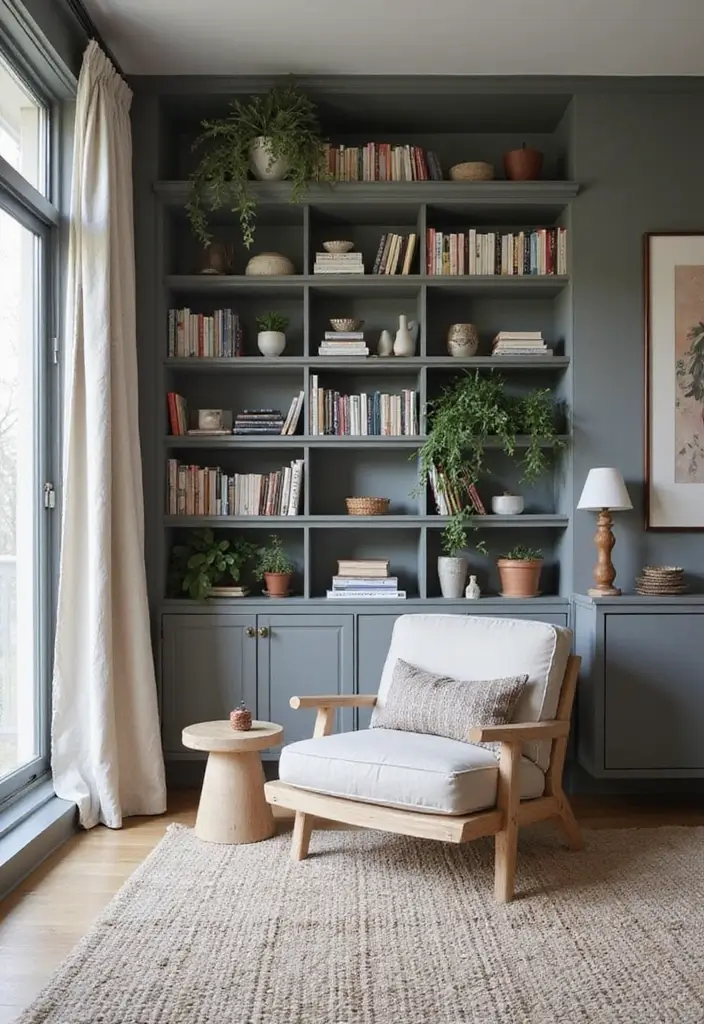 29 Grey Boho Living Room Ideas That Feel Calm and Eclectic - 10. Creative Shelving