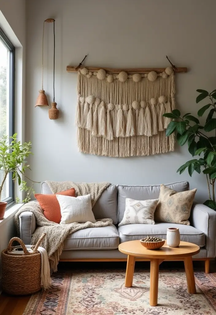 29 Grey Boho Living Room Ideas That Feel Calm and Eclectic - 12. Bohemian Accessories