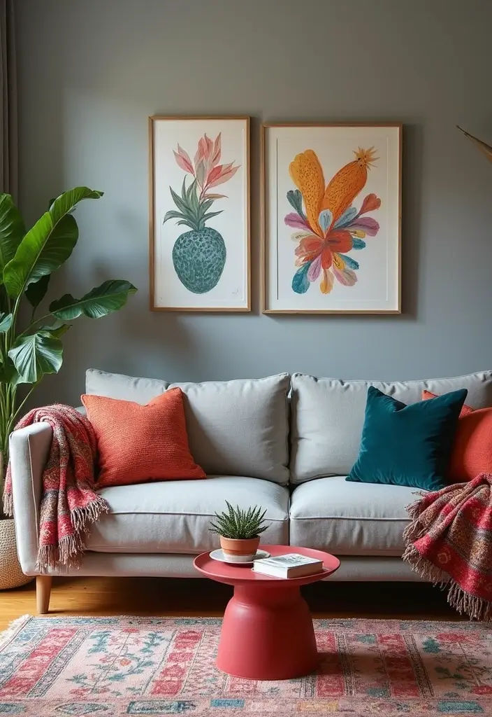 29 Grey Boho Living Room Ideas That Feel Calm and Eclectic - 13. Colorful Accents
