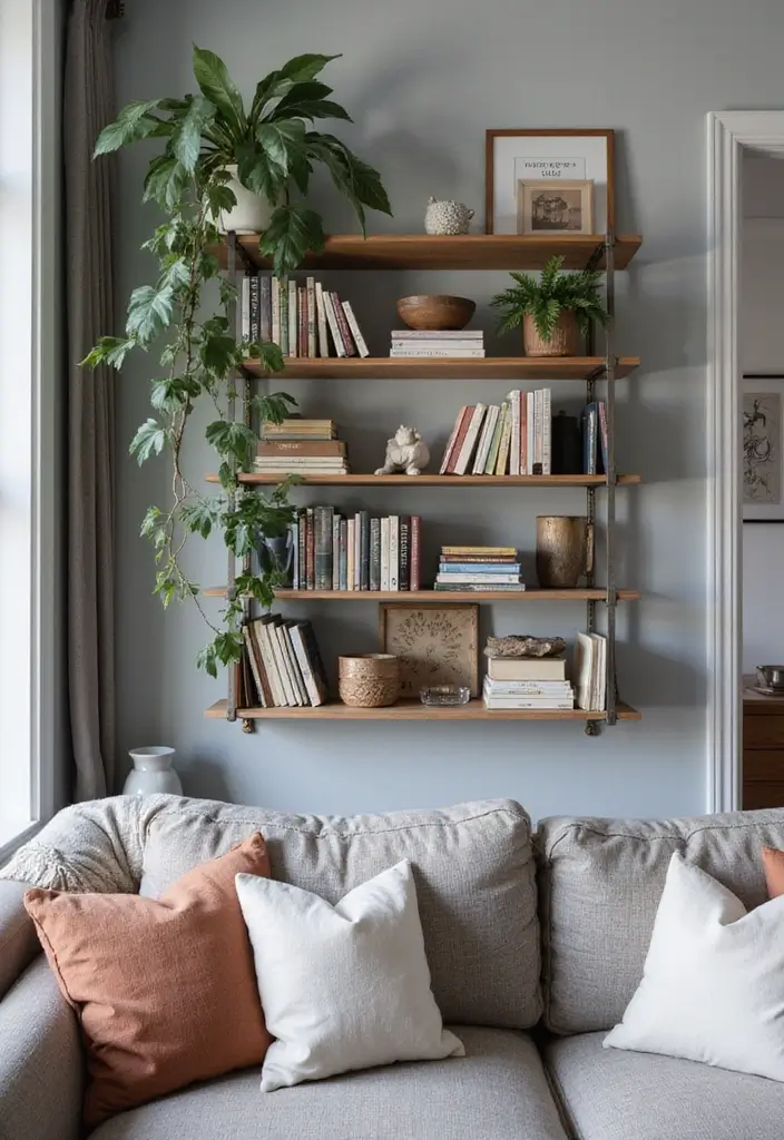 29 Grey Boho Living Room Ideas That Feel Calm and Eclectic - 14. Curated Bookshelves