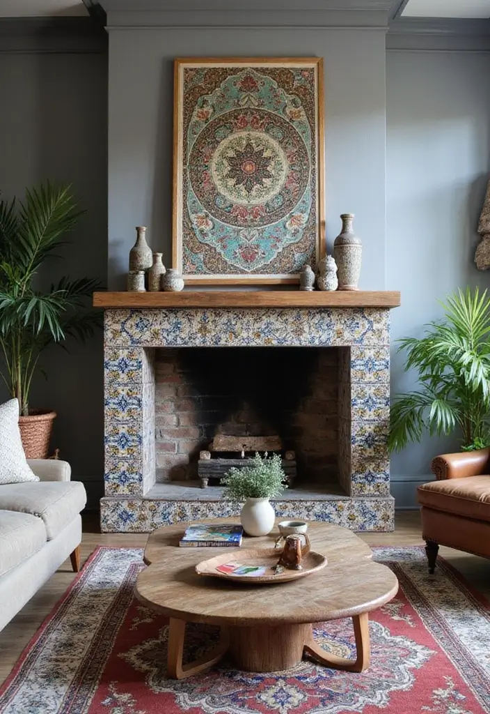 29 Grey Boho Living Room Ideas That Feel Calm and Eclectic - 15. Intricate Tile Accents