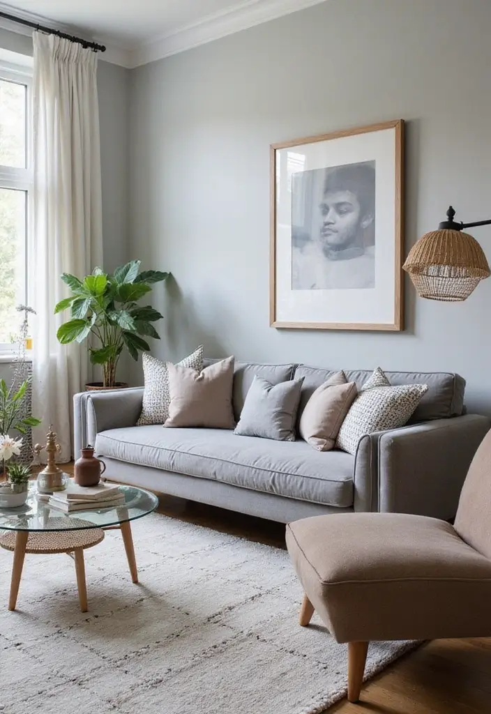 29 Grey Boho Living Room Ideas That Feel Calm and Eclectic - 18. Transitional Furniture