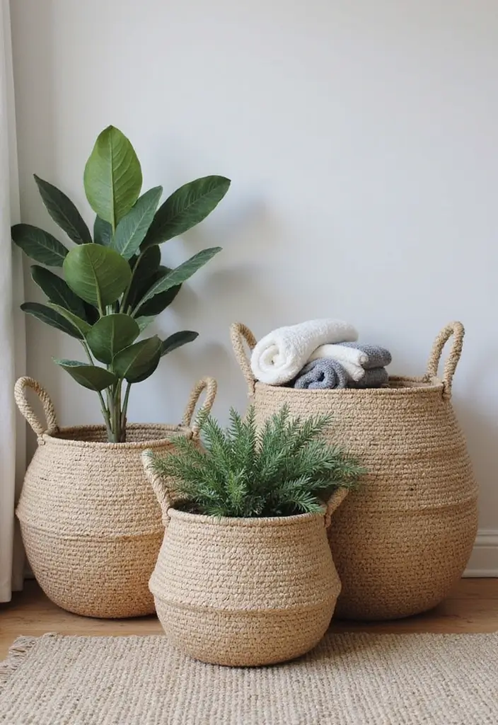 29 Grey Boho Living Room Ideas That Feel Calm and Eclectic - 2. Woven Baskets