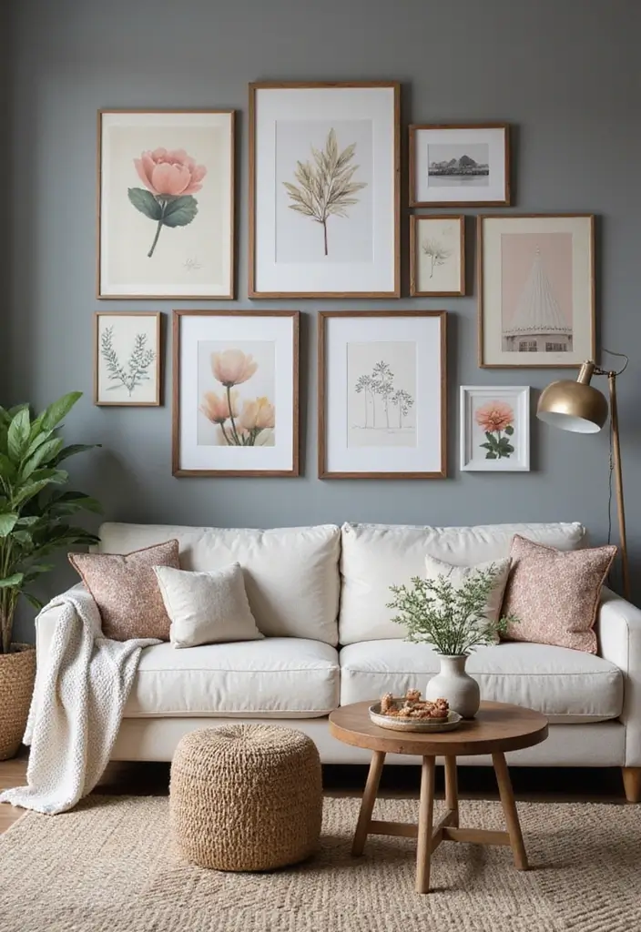 29 Grey Boho Living Room Ideas That Feel Calm and Eclectic - 20. Personalized Artwork