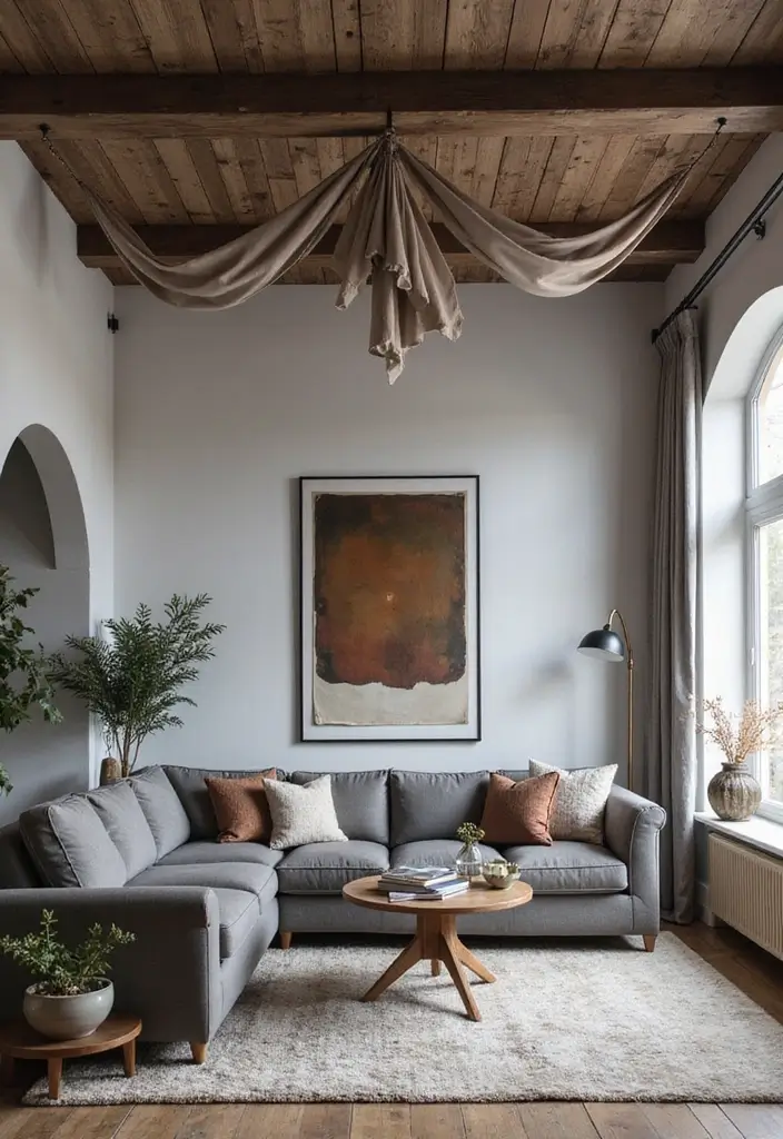 29 Grey Boho Living Room Ideas That Feel Calm and Eclectic - 24. Creative Ceiling Treatments