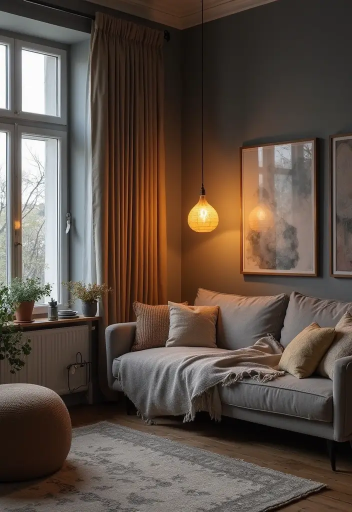 29 Grey Boho Living Room Ideas That Feel Calm and Eclectic - 27. Layered Lighting