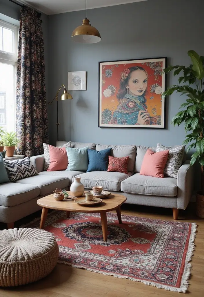 29 Grey Boho Living Room Ideas That Feel Calm and Eclectic - 28. Bohemian Prints and Patterns