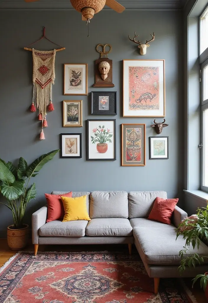 29 Grey Boho Living Room Ideas That Feel Calm and Eclectic - 3. Eclectic Art Pieces