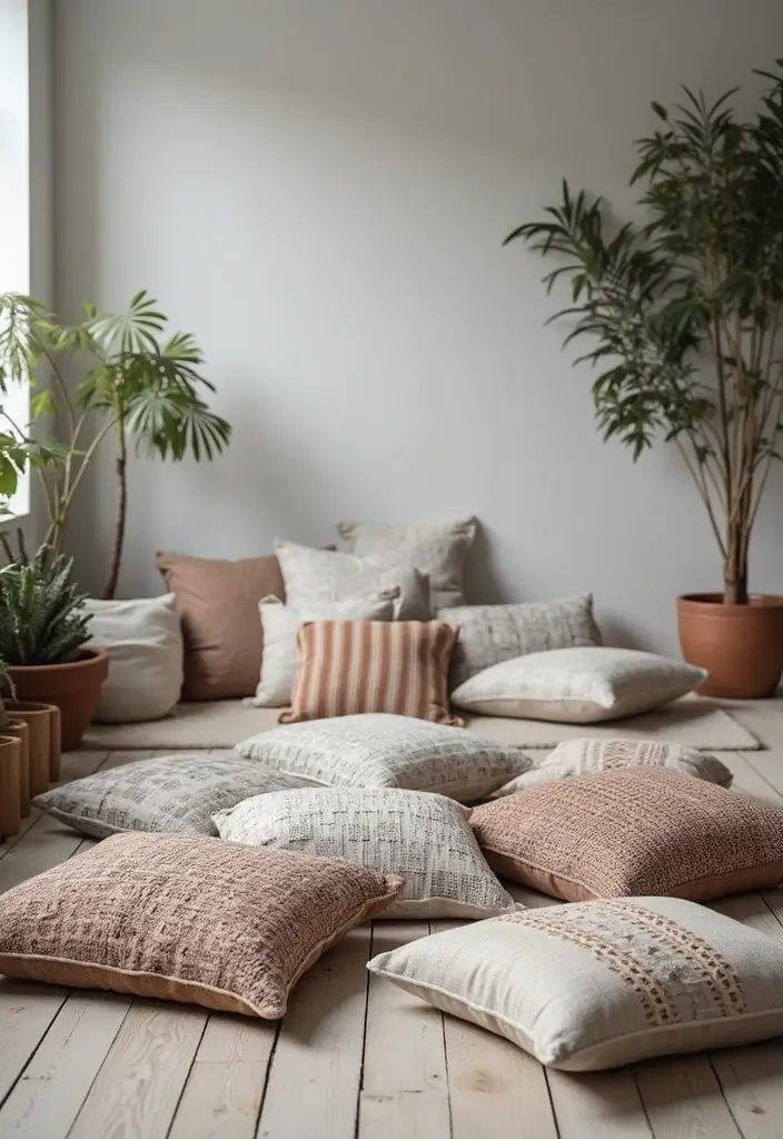 29 Grey Boho Living Room Ideas That Feel Calm and Eclectic - 4. Cozy Floor Cushions