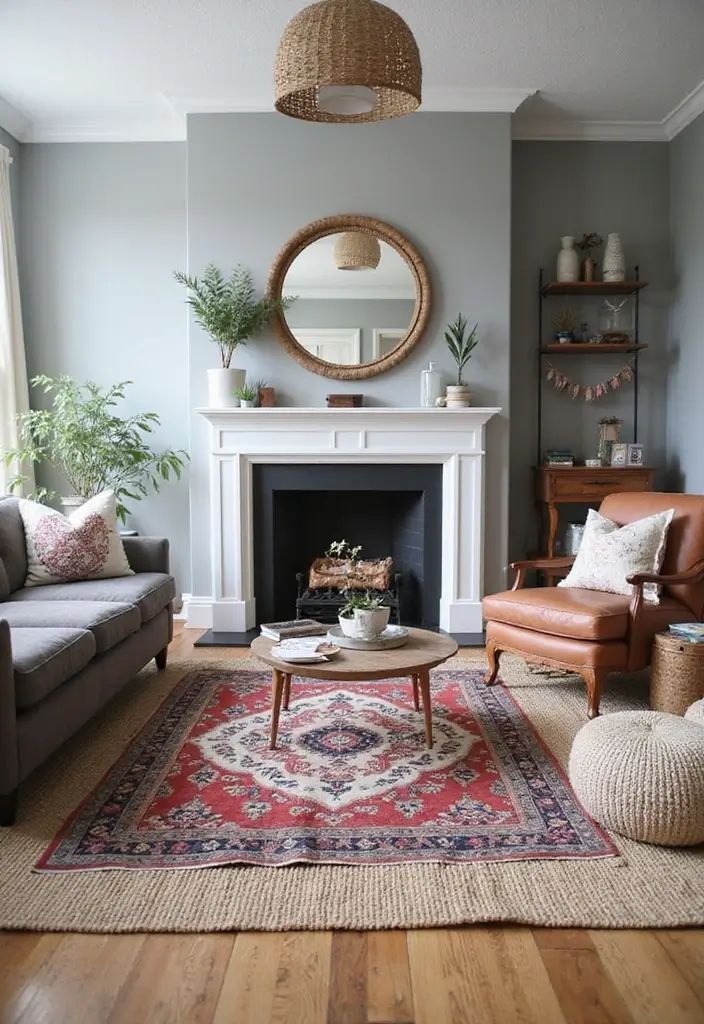 29 Grey Boho Living Room Ideas That Feel Calm and Eclectic - 6. Layered Rugs