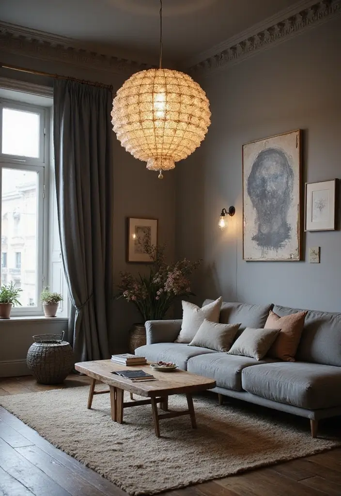 29 Grey Boho Living Room Ideas That Feel Calm and Eclectic - 8. Statement Lighting