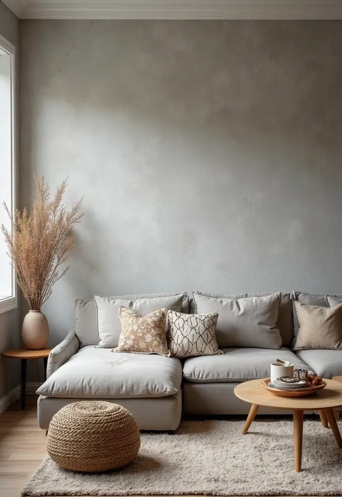 29 Grey Boho Living Room Ideas That Feel Calm and Eclectic - 9. Textured Wall Treatments