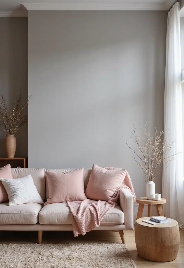 29 Kitchen and Living Room Combo Colors That Create Flow - 12. Warm Gray and Soft Blush