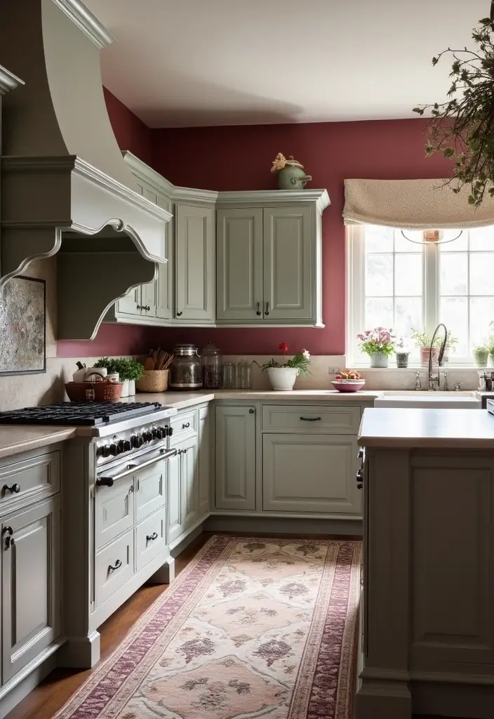29 Kitchen and Living Room Combo Colors That Create Flow - 15. Burgundy and Soft Gray