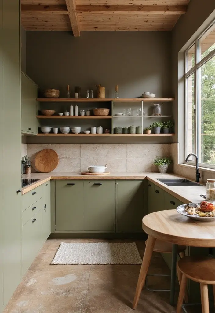 29 Kitchen and Living Room Combo Colors That Create Flow - 17. Earthy Taupe and Olive
