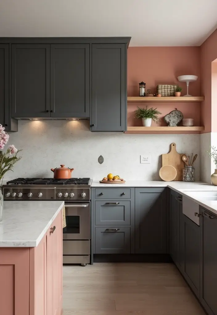 29 Kitchen and Living Room Combo Colors That Create Flow - 18. Muted Peach and Deep Gray