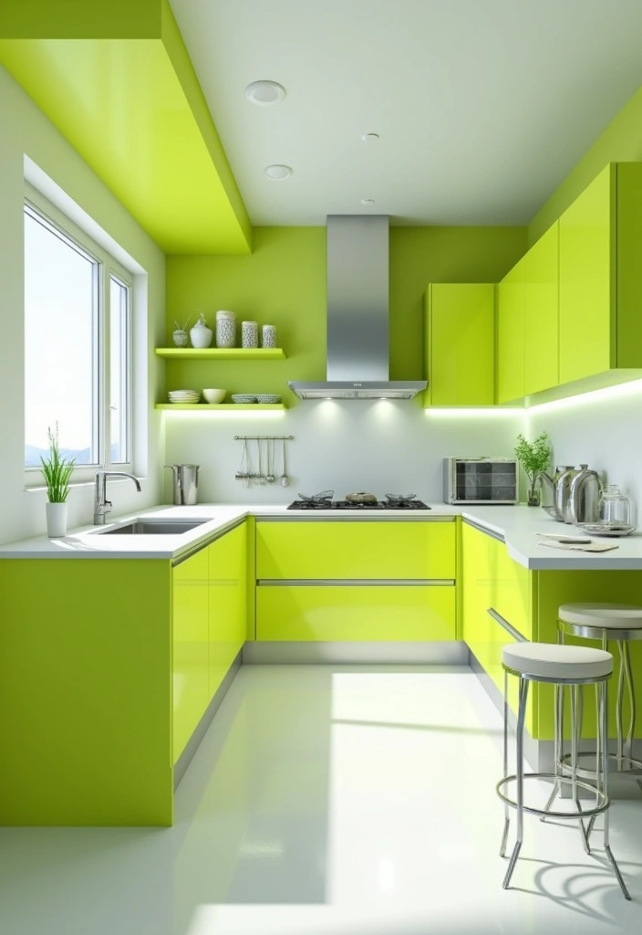 29 Kitchen and Living Room Combo Colors That Create Flow - 19. Bright Green and White