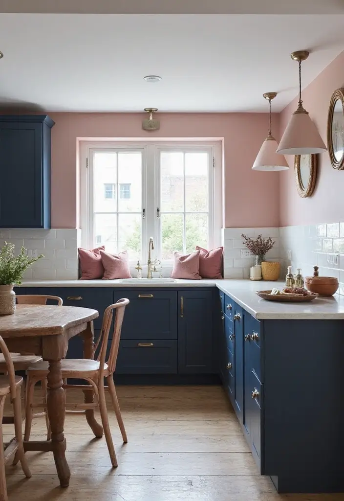 29 Kitchen and Living Room Combo Colors That Create Flow - 2. Navy Blue and Dusty Pink