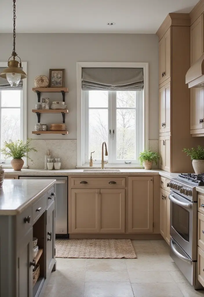 29 Kitchen and Living Room Combo Colors That Create Flow - 20. Light Brown and Soft Gray