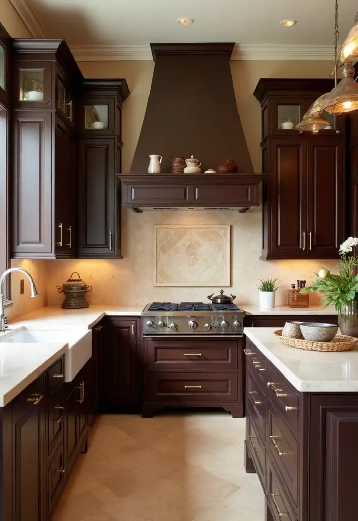 29 Kitchen and Living Room Combo Colors That Create Flow - 21. Chocolate Brown and Cream