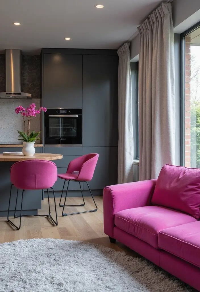 29 Kitchen and Living Room Combo Colors That Create Flow - 22. Fuchsia and Gray