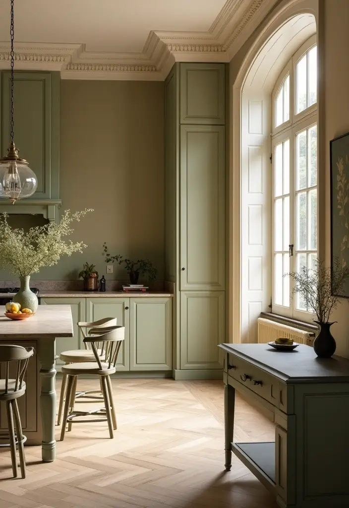 29 Kitchen and Living Room Combo Colors That Create Flow - 23. Classic Beige and Olive Green