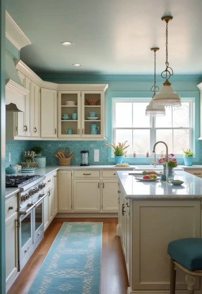 29 Kitchen and Living Room Combo Colors That Create Flow - 24. Ocean Blue and Sandy Beige
