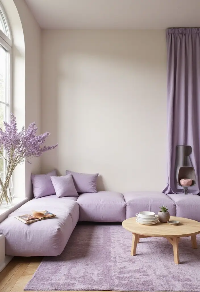 29 Kitchen and Living Room Combo Colors That Create Flow - 25. Lavender and Cream
