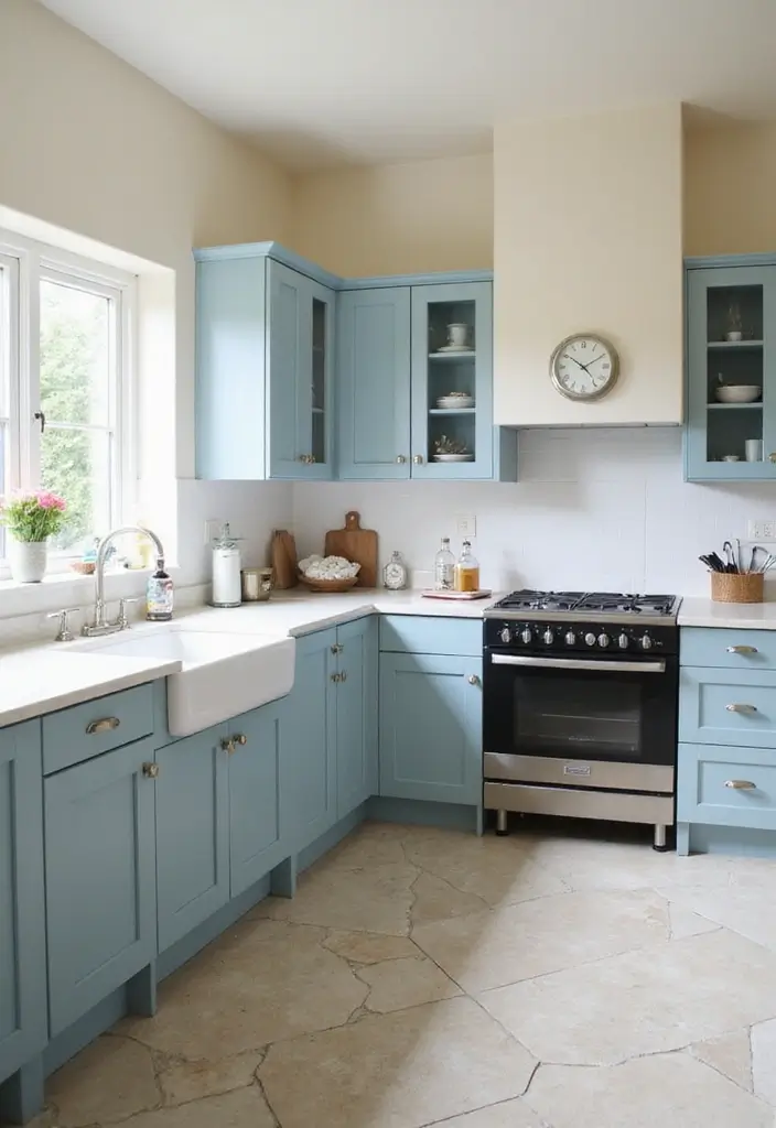 29 Kitchen and Living Room Combo Colors That Create Flow - 27. Dusty Blue and Cream