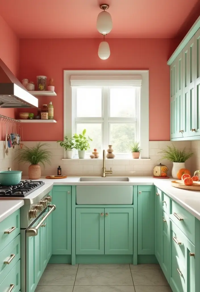 29 Kitchen and Living Room Combo Colors That Create Flow - 28. Soft Coral and Seafoam Green