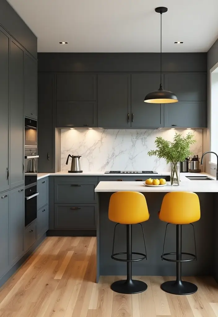 29 Kitchen and Living Room Combo Colors That Create Flow - 3. Charcoal Gray and Mustard Yellow