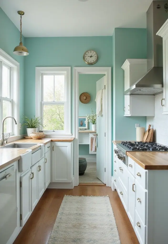 29 Kitchen and Living Room Combo Colors That Create Flow - 4. Light Teal and White