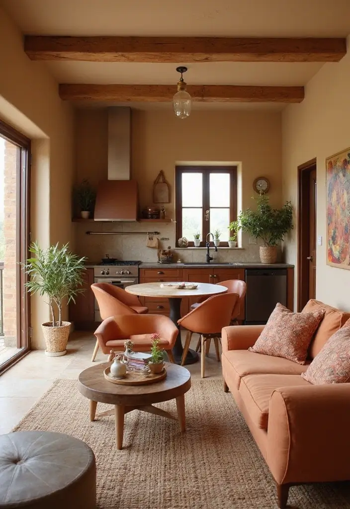 29 Kitchen and Living Room Combo Colors That Create Flow - 5. Warm Beige and Terracotta