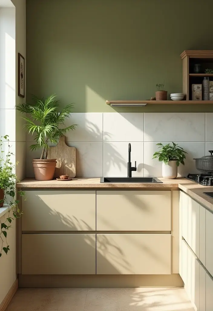 29 Kitchen and Living Room Combo Colors That Create Flow - 7. Olive Green and Light Beige