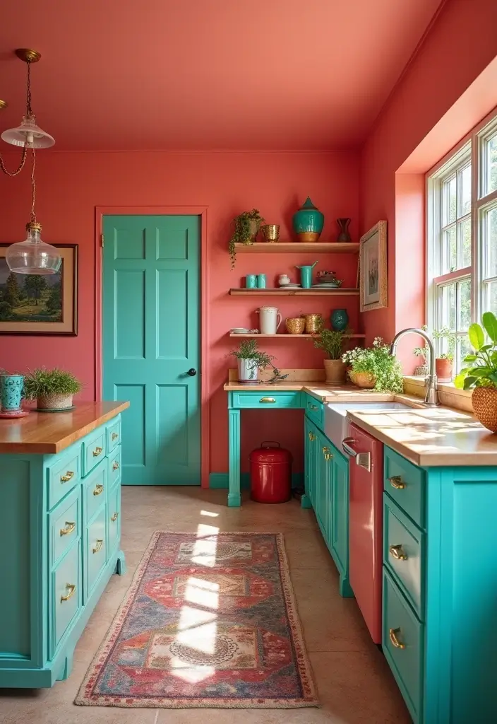 29 Kitchen and Living Room Combo Colors That Create Flow - 8. Coral and Turquoise